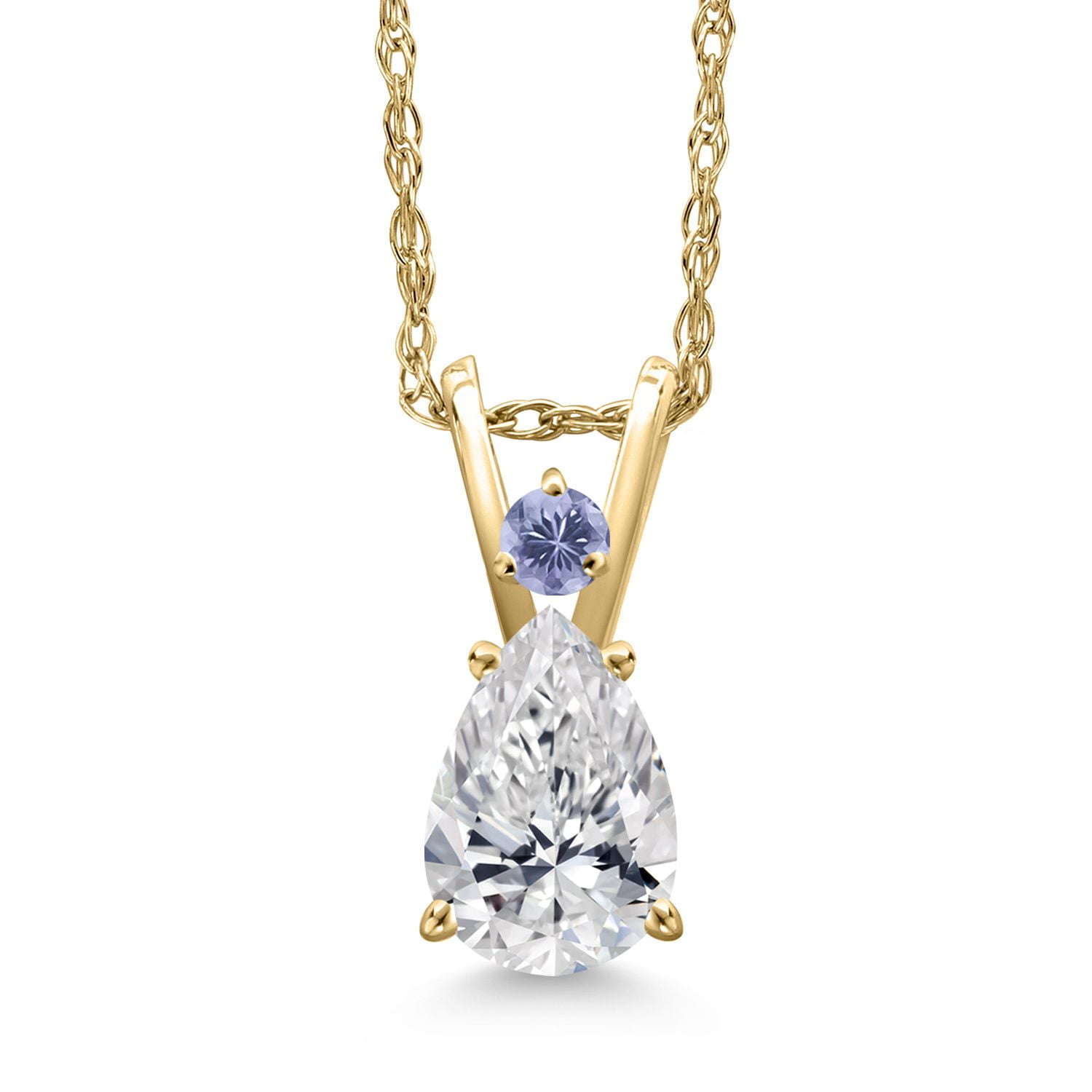Gem Stone King 14K Yellow Gold DEF Lab Grown Diamond and Blue Iolite Pendant Necklace for Women | 0.54 Cttw | Gemstone April Birthstone | Pear Shape 7X5MM | With 18 inch Chain