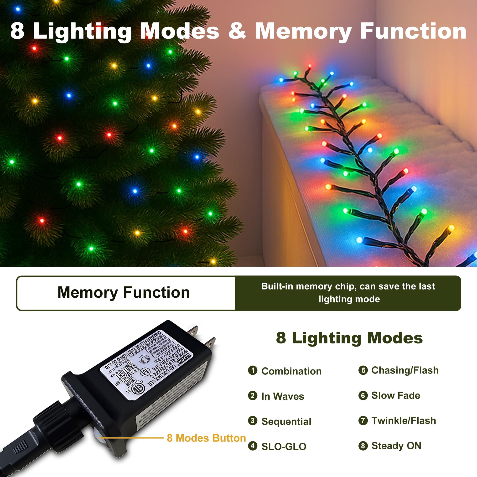 210ft 600 LED Christmas String Lights,2Pack Plug-in Christmas Tree Lights,8 Memory Modes,Outdoor Waterproof Suitable for Xmas Tree Wedding Party Garden Decorations(Multicolor)