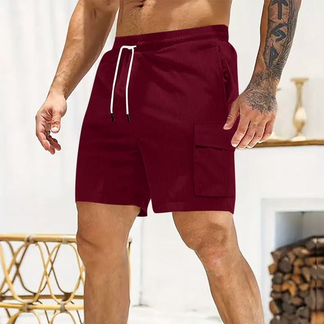 Sentmoon Cargo Shorts for Men Breathable Summer Loose High Waist Mens Corduroy Shorts Drawstring Solid Color Running Shorts Multi Pocket 2025 Athletic for Relaxing at Home Red S