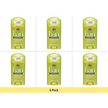 Ban Antiperspirant Deodorant Invisible Solid Shower Fresh for Women and Men, 2.6 oz - 6 Pack