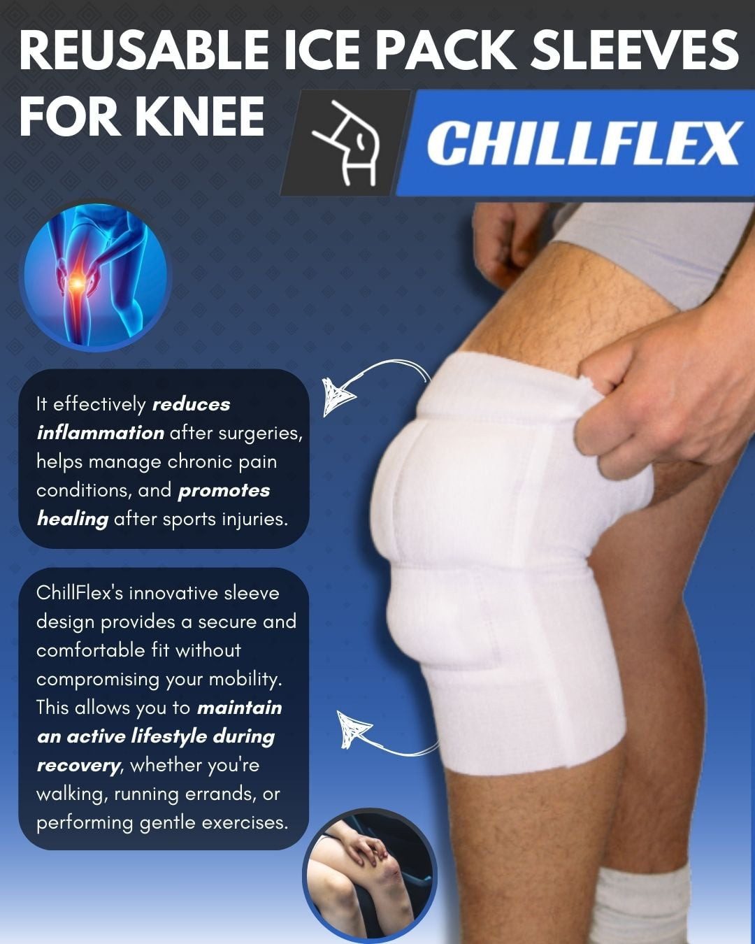 Chillflex Reusable Ice Pack Sleeves for Knee - 2 Pack Compression Sleeves for Knee Pain Relief  - Great For Tendonitis, ACL, Patella, Post-Surgery Relief - Enhances Mobility & Recovery