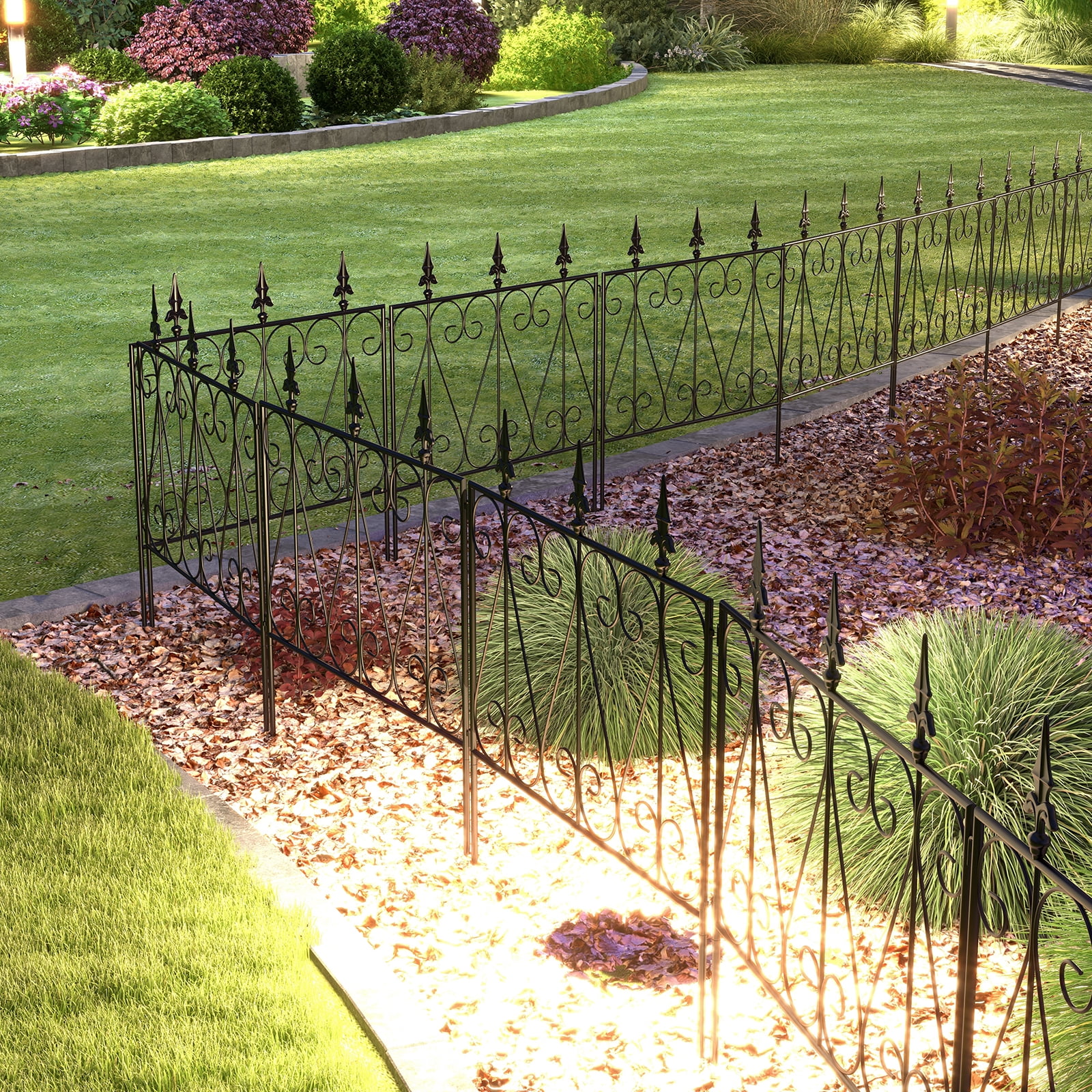Kinbor 5 Panels Decorative Garden Fence Border Metal Garden Fencing Animal Barrier for Dogs Flower Edging for Yard, Black
