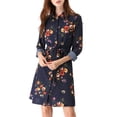 thumbnail image 3 of Vestido de camisa floral con cinturón y botones de solapa para mujer Allegra K XS azul oscuro, 3 of 8