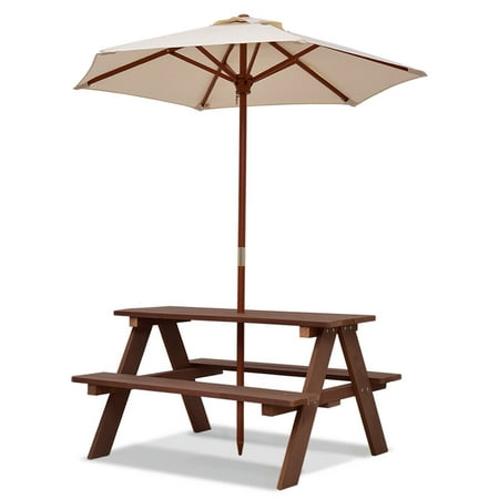 4 Seat Kids Picnic Table Bench, Childrens Wooden Picnic Table With Umbrella