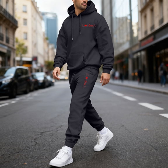 Yaoyar Men Valentine's heart-print Casual Pullover Hooded Sports Print Long Sleeve Trousers Two-Piece Elastic Waist Tracksuit Quick Dry Long Sleeve Top And Pants