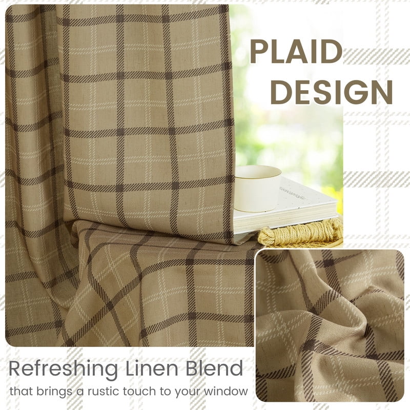 NICETOWN Check Plaid Linen Curtains for Bedroom, Semi Sheer Linen Grid Pattern Curtains Rod Pocket Back Tab Light Filtering Linen Windowpane Curtains, Linen, 52"x63", 2 Panels
