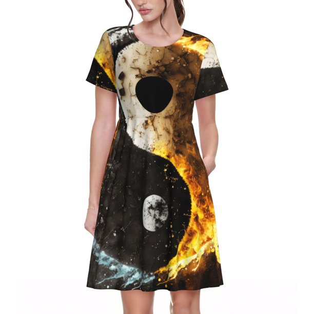 Disketp Yin Yang para Vestido de Manga Corta para Mujeres, Vestidos de Verano para Mujeres, Casual y Holgado para la Playa