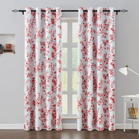 Pink Floral Blackout Curtains, Long Room Darkening Flower Grommet Drapes for Living Room, Bedroom 26"W x 45"L (Pack of 2)