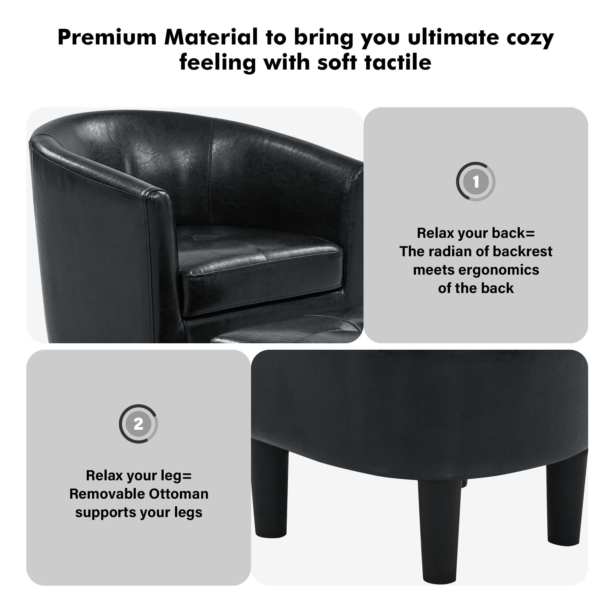 Aukfa Barrel Accent Chair with Ottoman & Arms, Modern PU Leather Upholstered Chair for Bedroom/Living Room,Black