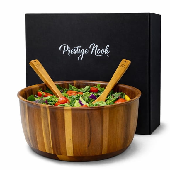 PRESTIGE NOOK Extra Large Wooden Salad Bowl - 12“ x 5” Acacia Wood Serving bowl with 2 servers, Large Fruit bowl for food with serving ut