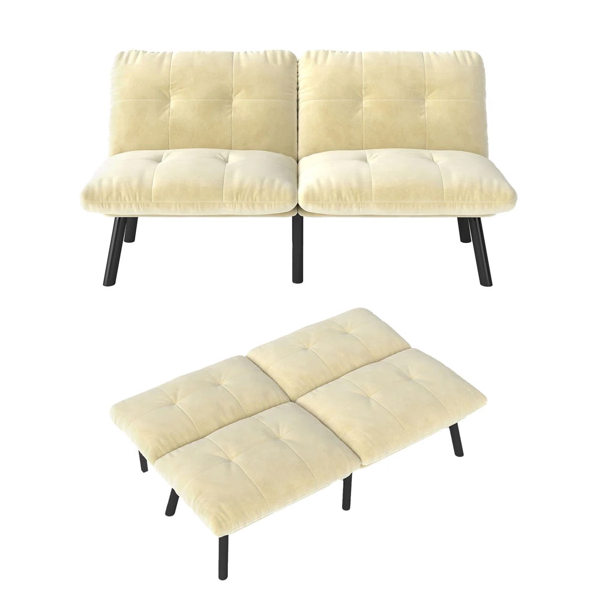 Aukfa 3-in-1 Velvet Futon Sofa Bed, 63" Sleep Sofa with Split 5-Position Backrests, Beige