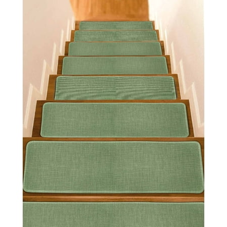 Vintage Forest Green Stair Treads for Wooden Steps Indoor Runner Rug Carpet Farmhouse Retro Solid Color Linen Texture 10 Pieces Peel and Stick Staircase Step Treads Covers Throw Door Mats 30 x8