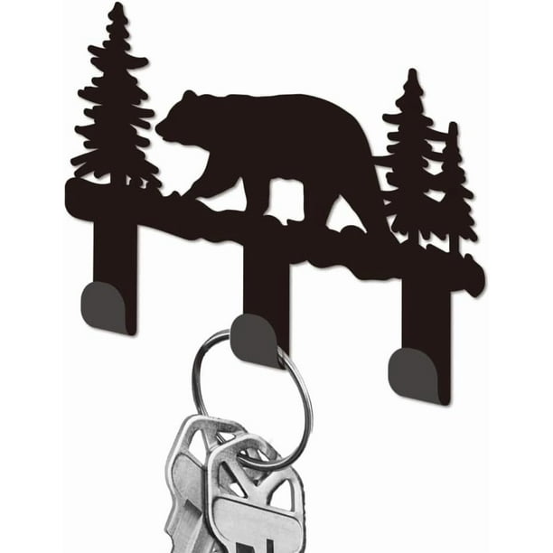 Llavero de pared de hierro negro con forma de oso del bosque y 3 ganchos, pequeño, para casa