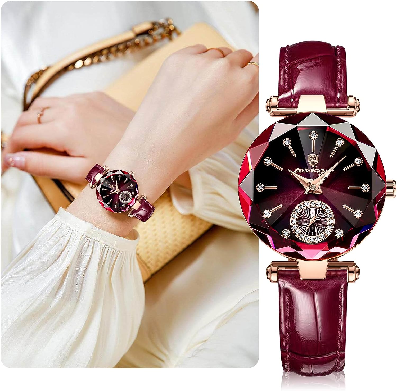 Womens Green Blue Elegant Leather Strap Analog Creative Diamond Dial Wrist Watch Emerald Eyes – Celeste Watch Company main image 3