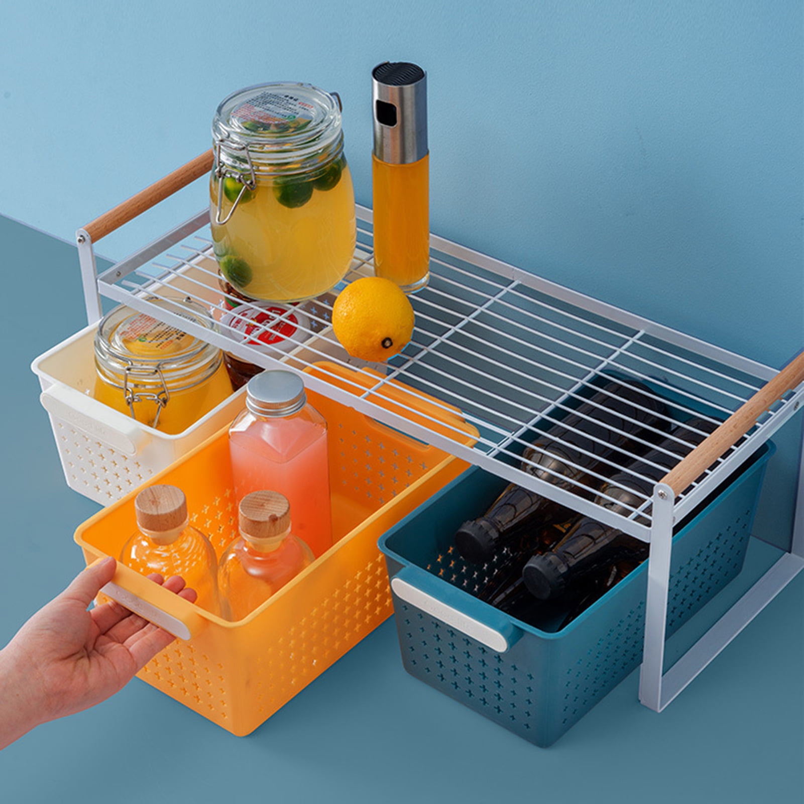 Manunclaims Plastic Storage Basket, Desktop Weave Baskets with Handle,  Portable Bathroom Open Storage Bin, Small Plastic Containers Shelf Brackets  for Shelves Countertop Kitchen Cabinet Office 