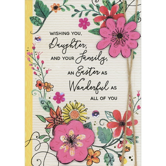 Designer Greetings Pink 3D Die Cut Flowers, Brown String, Purple Sequins, Pink Flower Sequins and Flowers Hand Decorated Easter Card for Daughter and Family