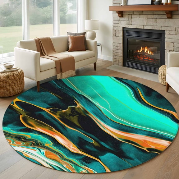 Round Area Rug 8 Ft, Dark Green Orange Marble Washable Non-Slip Circle Carpet for Living Room/Bedroom, Modern Abstract Art Marbles Collection Low-Profile Large Area Rugs for Indoor
