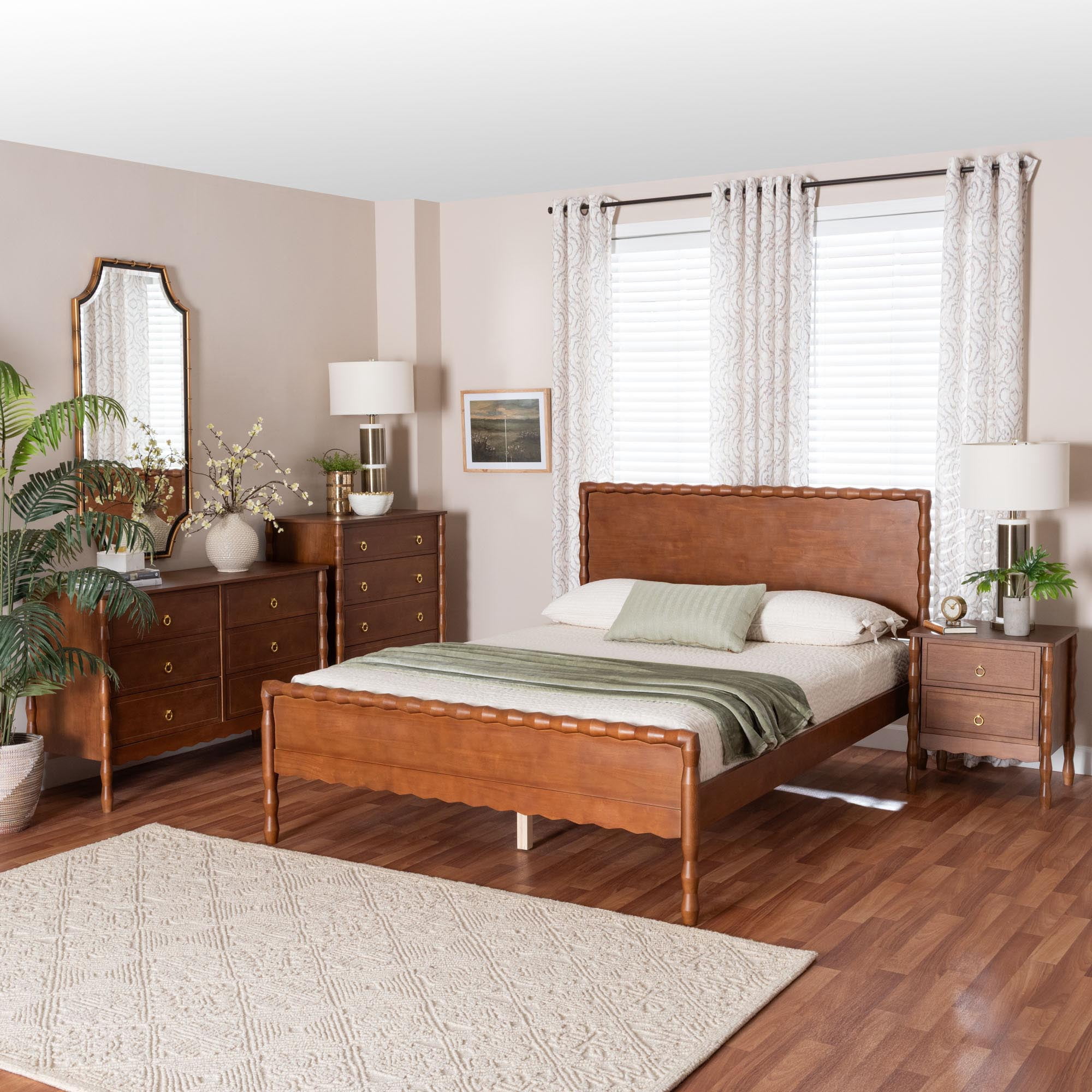Baxton Studio Seamus Mid-Century Modern Bedroom Set, 4-Piece Set, Queen, Walnut Brown