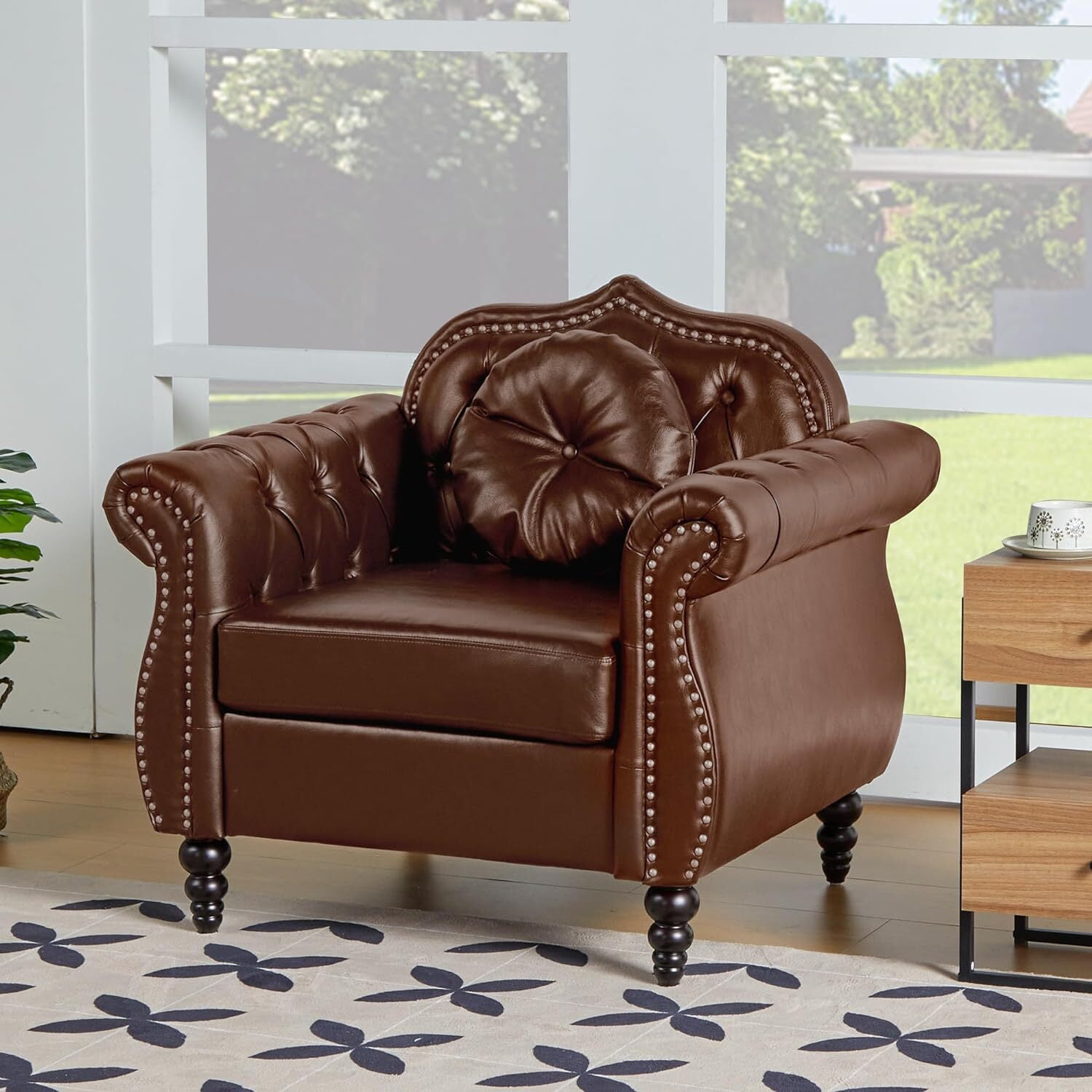 Giratree Living Room Furniture Sets, Chesterfield 3 Piece Sofa Set, Faux Leather Couch, Brown