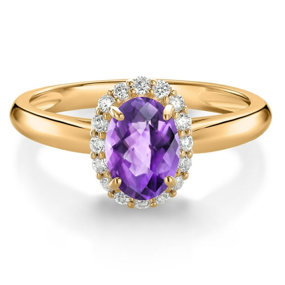 Gem Stone King 10K Yellow Gold Purple Amethyst and White Lab Grown Diamond Halo Engagement Ring for Women (0.88 Cttw, Gemstone February Birthstone, Oval Checkerboard 7X5MM, Size 7)