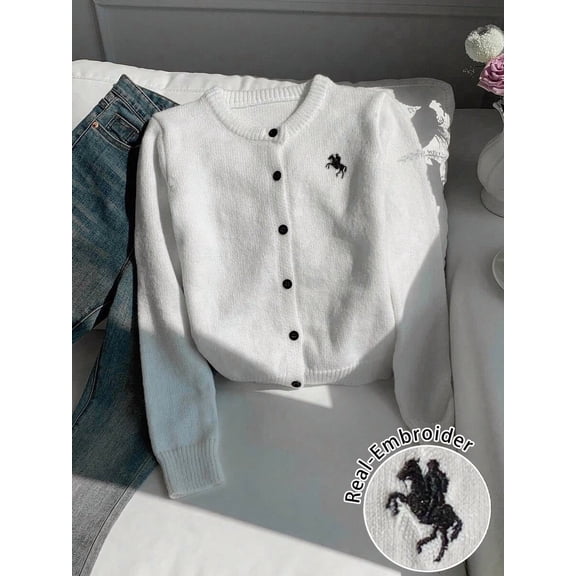 Women White Knit Cardigan Sweater With Horse Embroidery Front Button