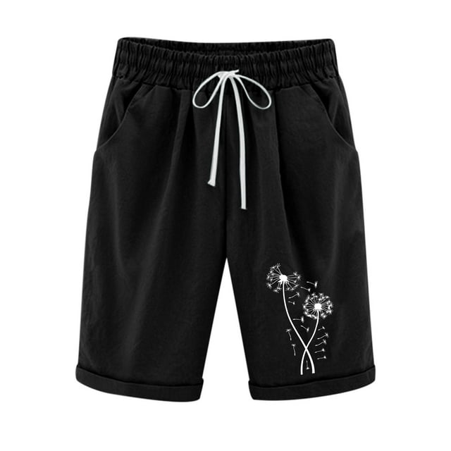 FAIWAD Womens Summer Shorts Elastic High Waist Drawstring Pants Knee Length Floral Print Breathable Shorts