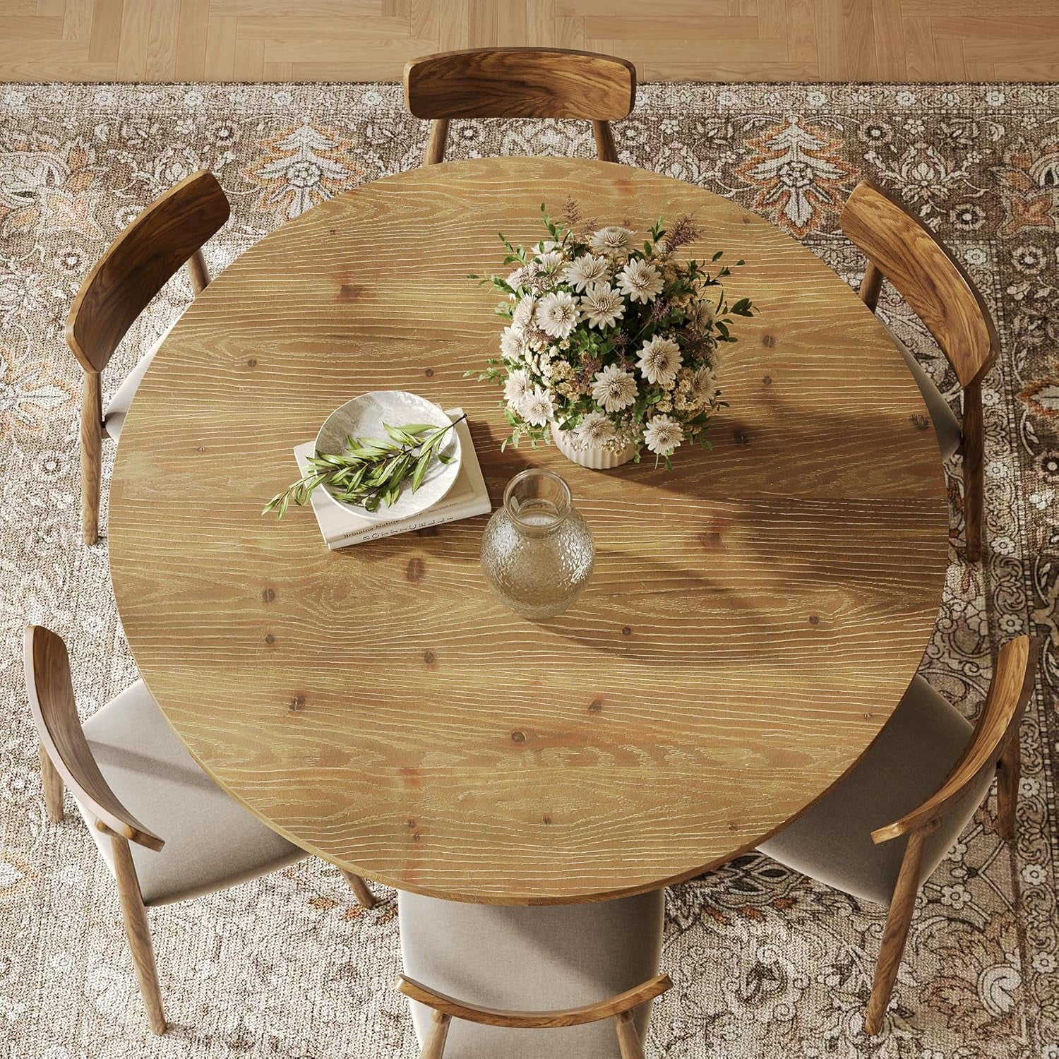 Finmind 47-Inch Solid Wood Round Kitchen Table for 4-6, Farmhouse Dining Table, Wooden Circle Dinner Table for Dining Room, Family Gathering