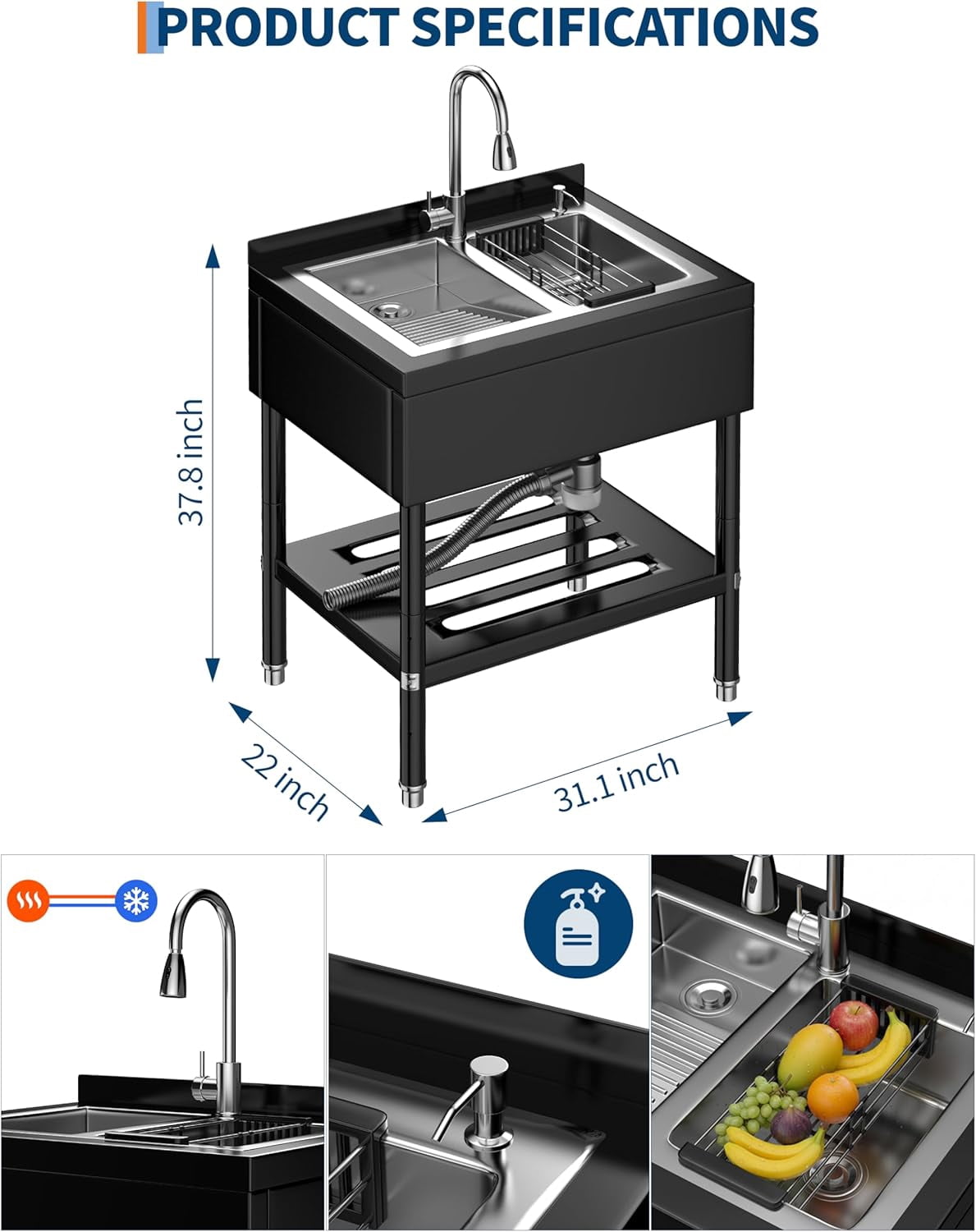 Stainless Steel Utility Sink,Freestanding Deep Basin Work Sink,Heavy-Duty Industrial Sink with Splash for Garage Workshop Laundry Room & Man Cave,Silver,31.1" × 22" × 37.8"