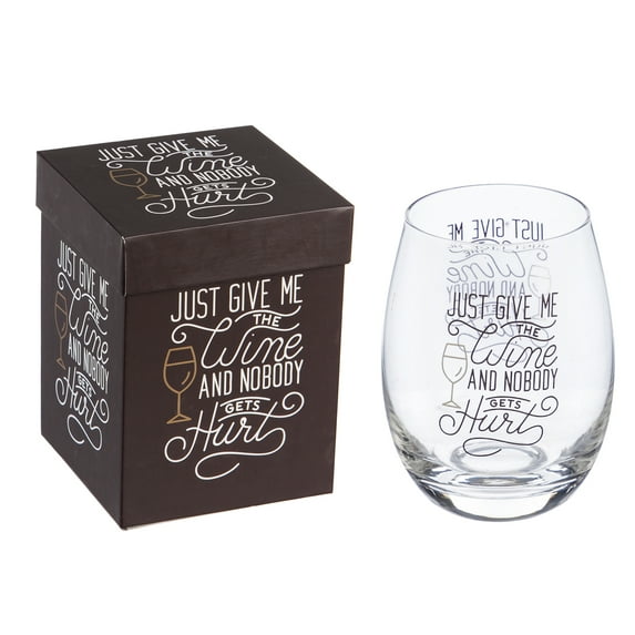 Evergreen Stemless Wine Glass w/ Box, 17 OZ, Just give me the wine and nobody gets hurt