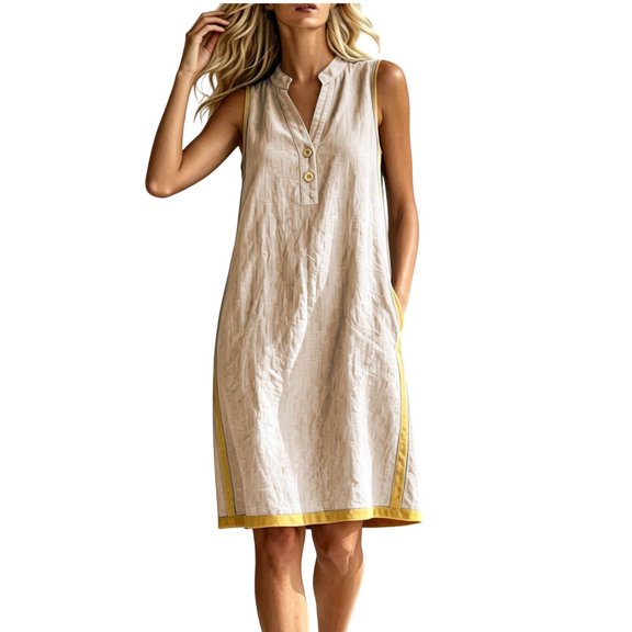 Yangnuo Women's V-Neck Button-Down Dress, Ladies' Contrast Color Sleeveless Tank Dress with Pockets
