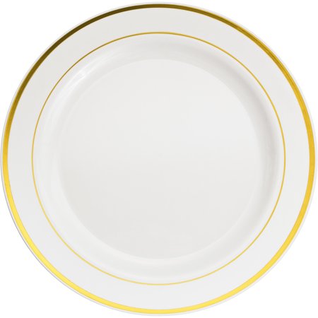 12 Packs: 10 ct. (120 total) 10.3 Round Banquet Plates with Gold Trim by Celebrate It