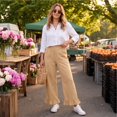 thumbnail image 5 of Satingcolo Linen Pants Women Wide Leg Ruffle Hem Pull On High Waisted Elastic Waist Cropped Ankle Casual Beach Summer Pants Khaki S, 5 of 8