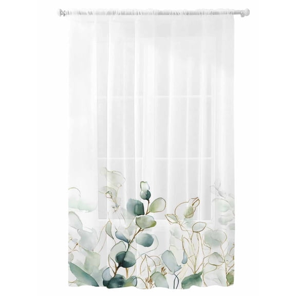 Sheer Curtains 108 Inches Long, Eucalyptus Leaves Semi Sheer Curtains Light Filtering Window Treatment, Watercolor Sage Green Gold Branches Privacy Voile Drapes for Living Room Bedroom 52x108 Inch
