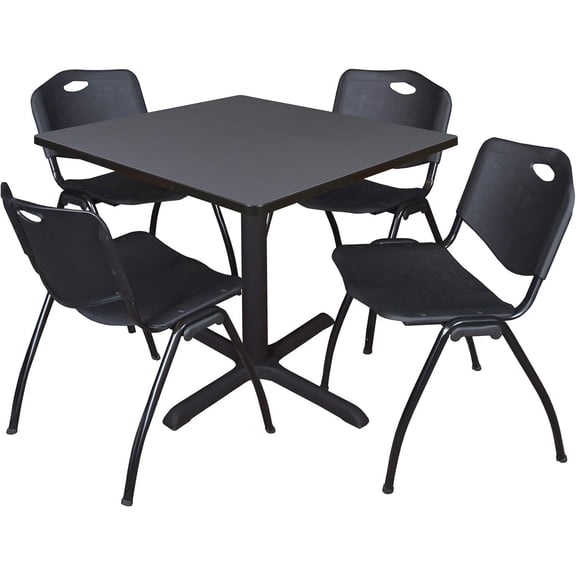 HomeStock City Sleek 42" Square Breakroom Table- Grey & 4 'M' Stack Chairs- Black, Ideal for Cafeterias, Dining, and Office Spaces