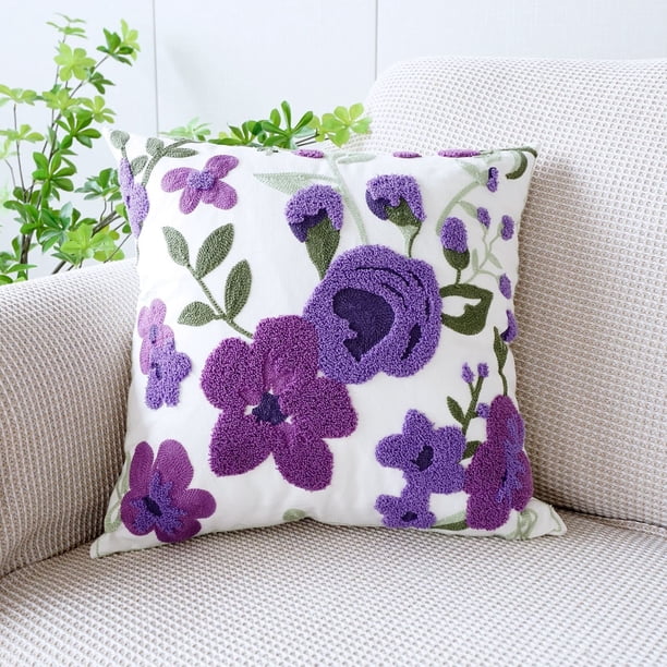 Funda de almohada floral bordada 45x45cm - Funda de cojín de poliéster suave con diseño de plantas frescas para decoración del sofá