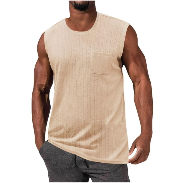 pstuiky Camiseta sin mangas para hombre, Blusa deportiva sin mangas con cuello redondo y estampado liso informal para hombre Chaleco de hombre l