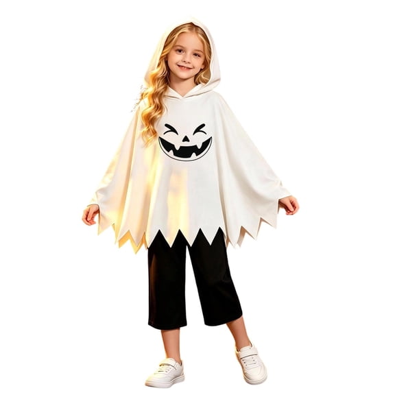 JIAYUE Girls 2-Piece Halloween Set Hooded Ghost Print Poncho Top & Loose Cropped Pants Outfit For Holiday Party Events,18-24 Months