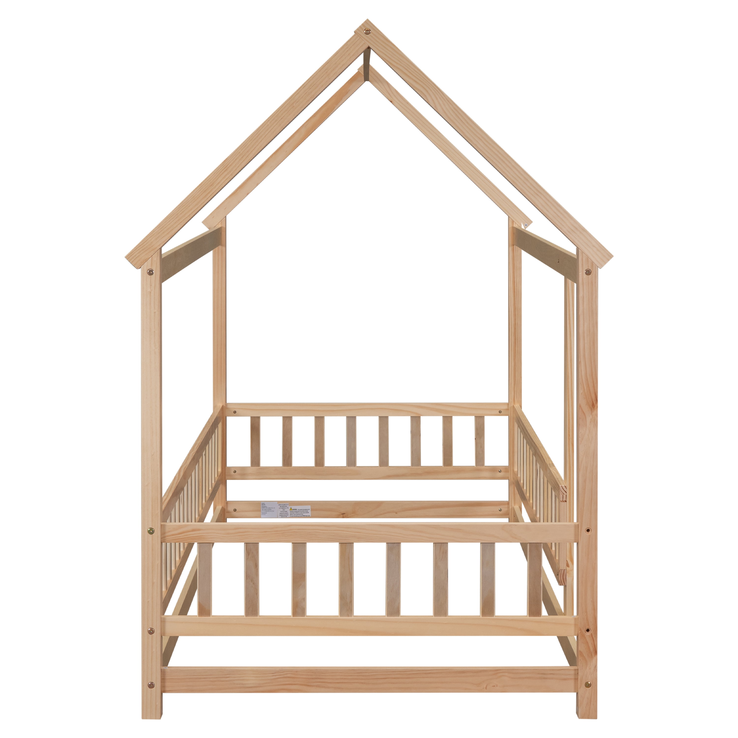 Miniyam Kids Twin Montessori House Floor Bed with Fence, Wood Roof Frame, Natural