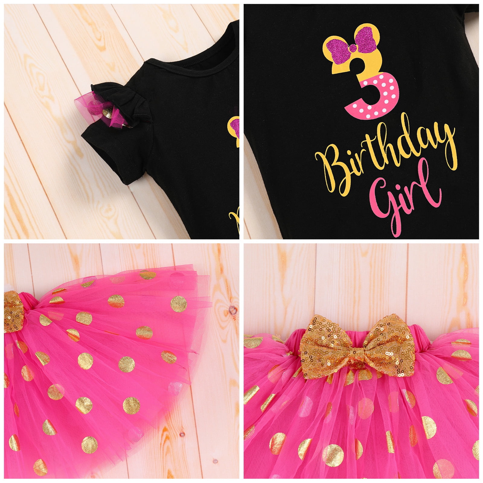 IBTOM CASTLE Toddler Girls 1st 2nd 3rd Birthday Outfit Princess Polka Dots Ruffle Tutu Skirt Mouse Headband Cake Smash Party Clothes Set 3 Years Black + Hot Pink