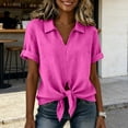 thumbnail image 5 of QIYAGBSA Short Sleeve Top for Women Collared V Neck Tie Front Relaxed Fit Solid Color Casual Summer (Hot Pink S), 5 of 6