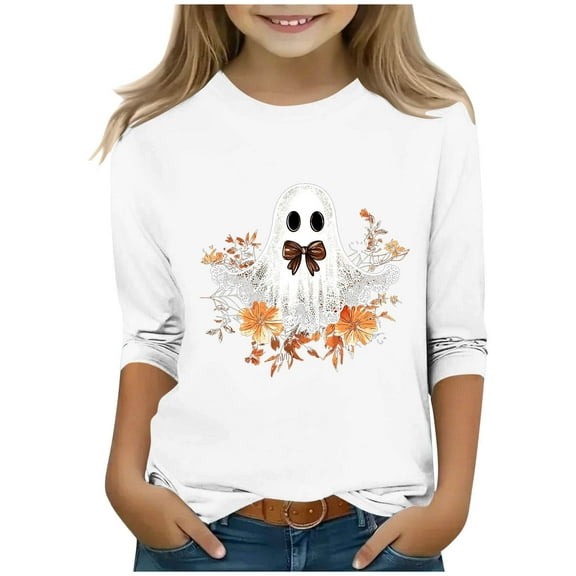 Bnwani Halloween Long Sleeve Toddler T Shirt White Crew Neck Casual Printed Tops 3-4t