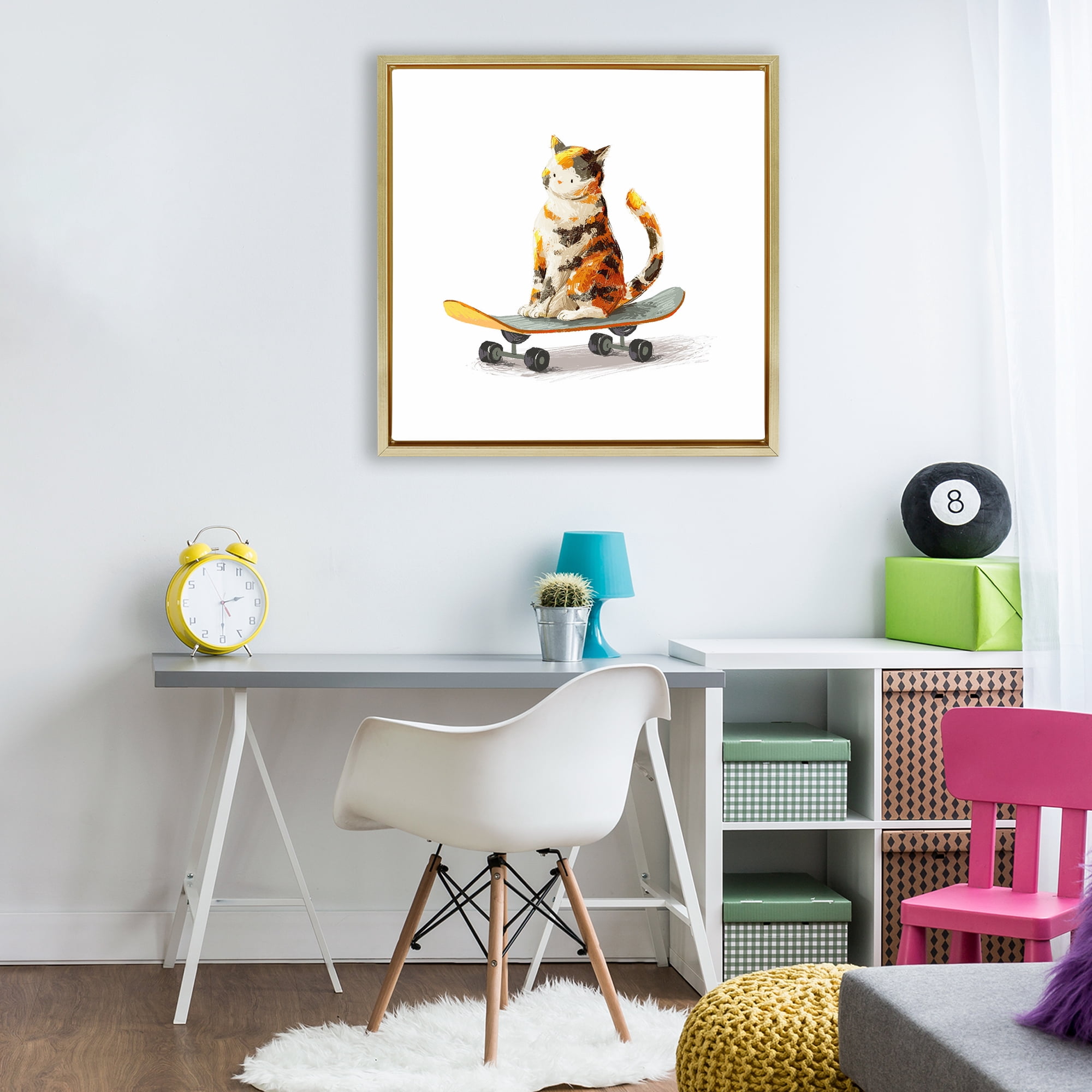 Stupell Industries Calico Cat on Skateboard Gold Framed Floater Canvas Wall Art, design by Ziwei Li