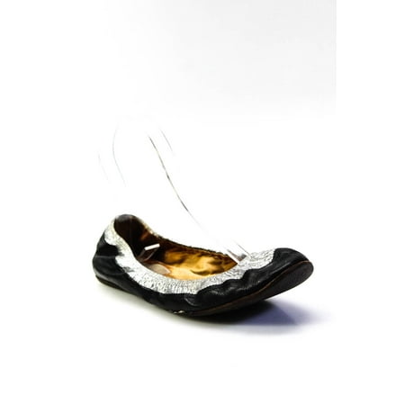 

Pre-owned|Lan Vie Womens Round Toe Smocked Silver Trim Ballet Flats Black Leather Size 6