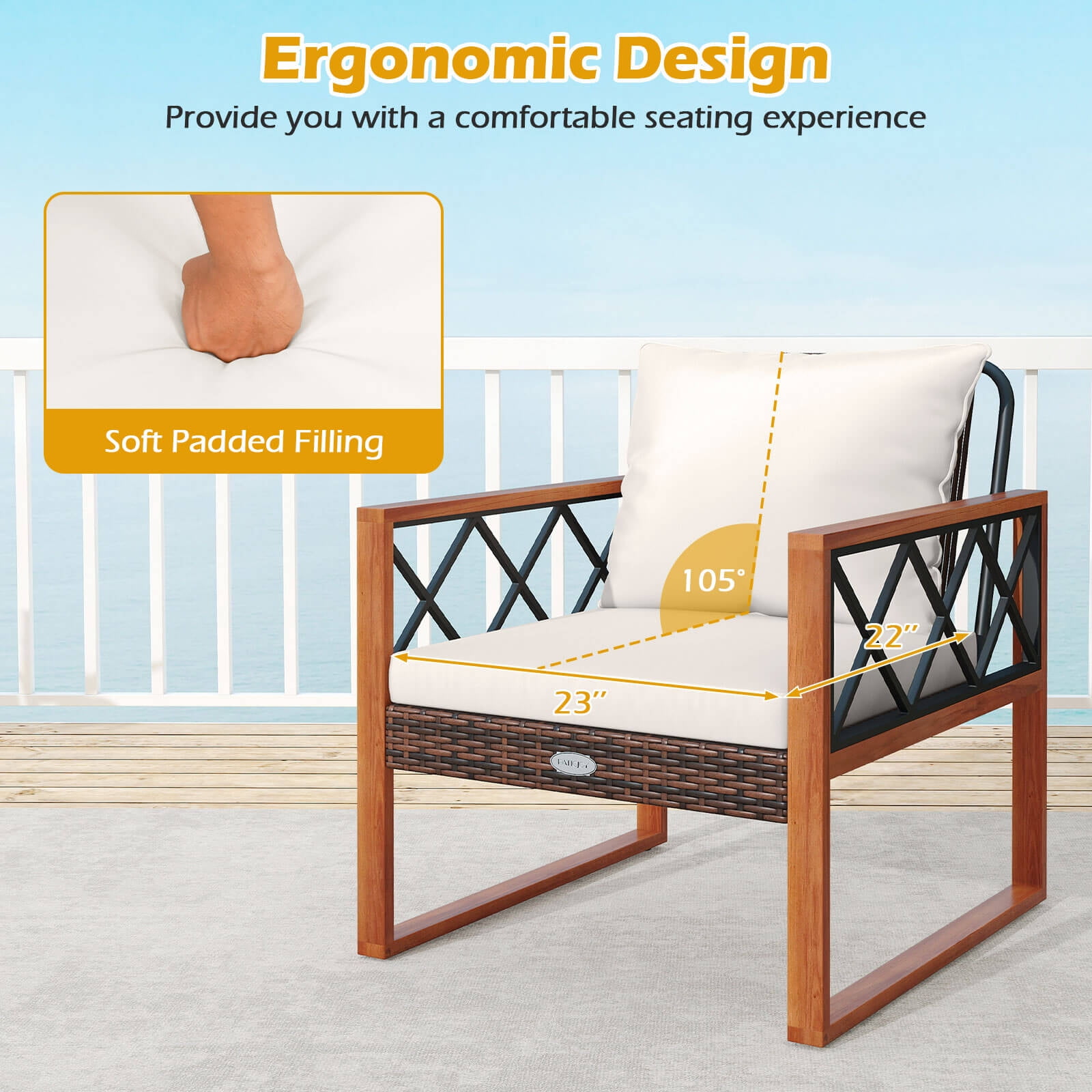 Costway 3 PCS Patio PE Wicker Furniture Set with Solid Acacia Wood Frame & Cushions