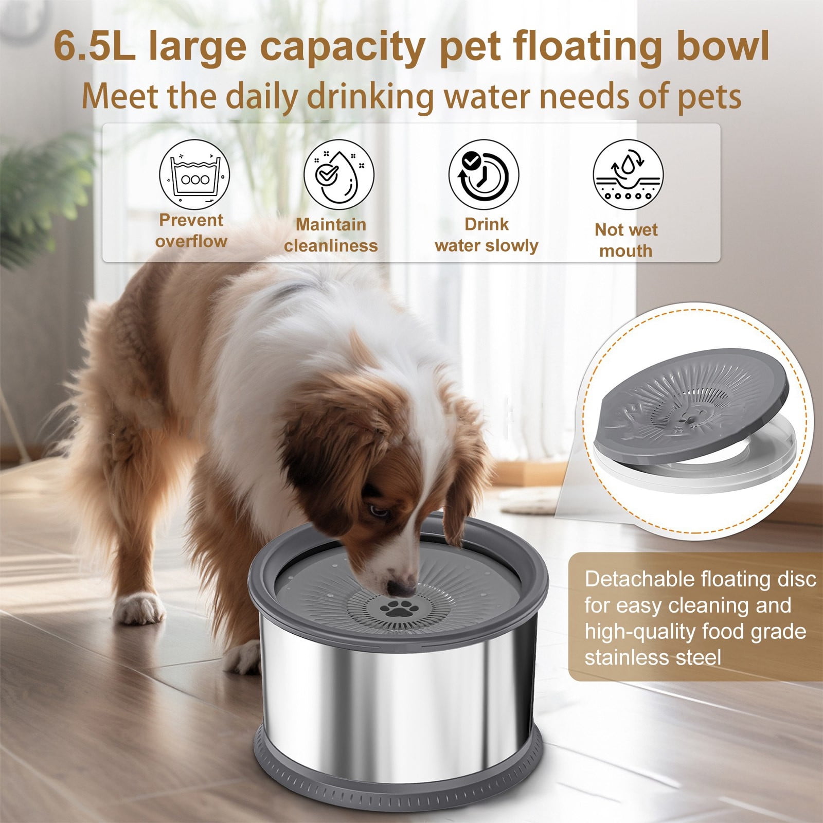 No Spill Dog Water Bowl,Large 1.6 Gallon Stainless Steel Floating Bowl for Large Dogs,Slow Water Flow Prevents Splashing,Non Slip Base for Indoor/Outdoor，Gray