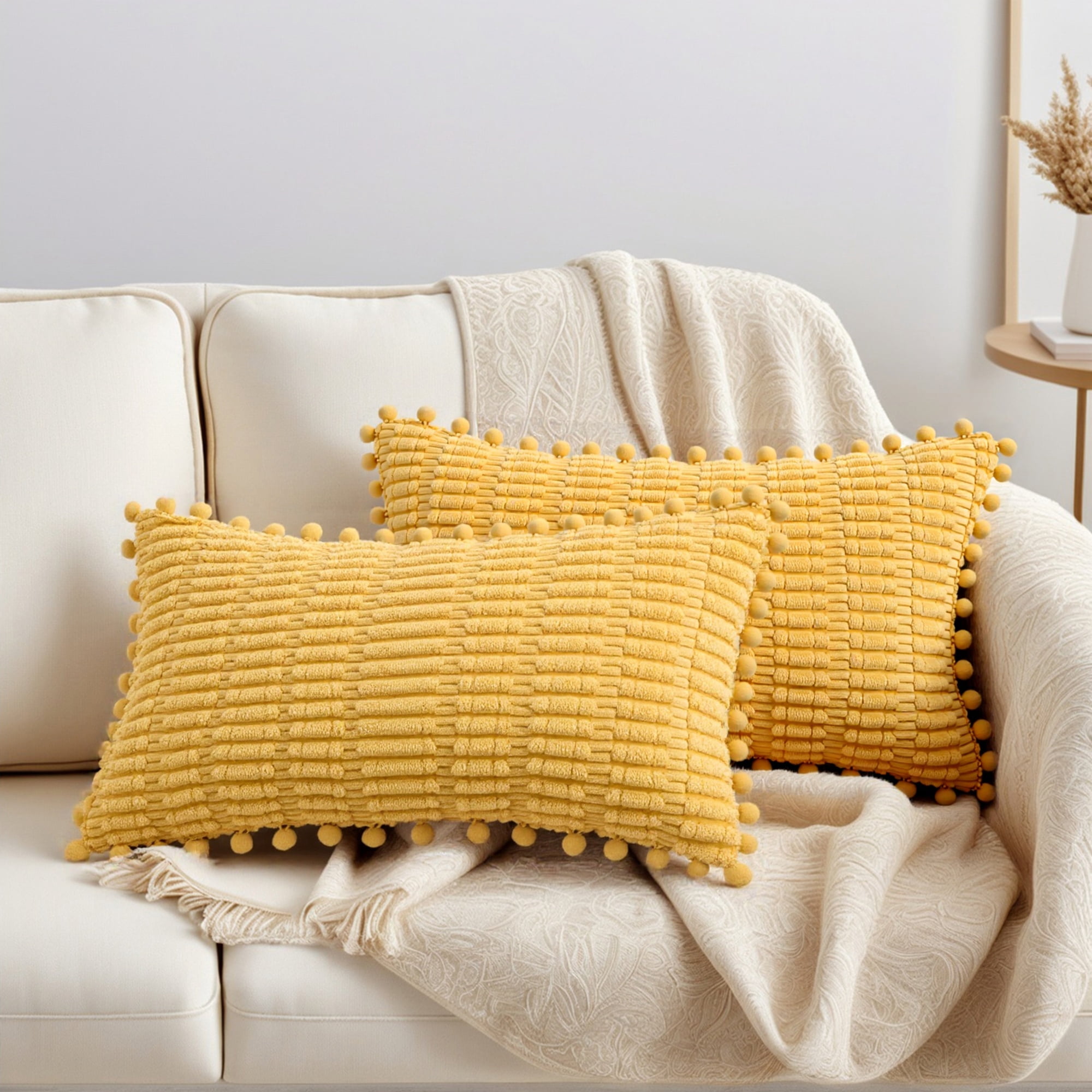 Unique Bargains Set of 2 Corduroy Throw Pillow Covers with Pom-pom Edges 20" x 12" Yellow