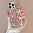thumbnail image 3 of for iPhone 16 Pro Max Case with Wrist Strap Women Luxury 3D Bling Shiny Rhinestone Diamond Crystal Pearl Handmade Flowers Soft Protective Glitter Case for iPhone 16 Pro Max (Pink), 3 of 13