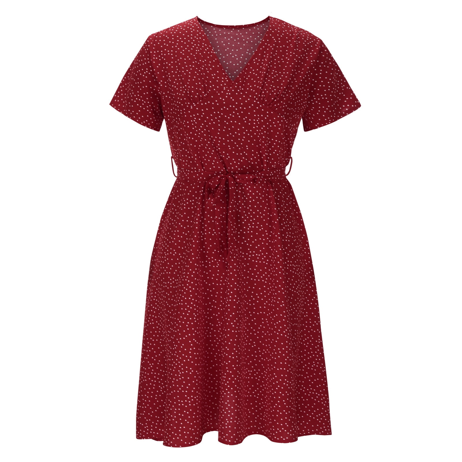 Floleo Women Casual Dress Summer Dress Clearance V Neck Solid Color Polka Dot Print Dress Short Sleeve Lace Up Tie Dress