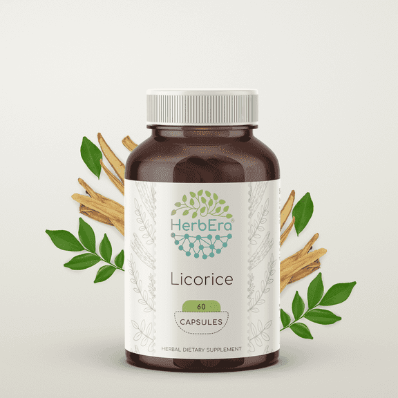 HerbEra Licorice Capsules, Herbal Dietary Supplement for Digestive Support, Licorice (Glycyrrhiza Glabra) Dried Root Capsules, Natural, 60 Capsules