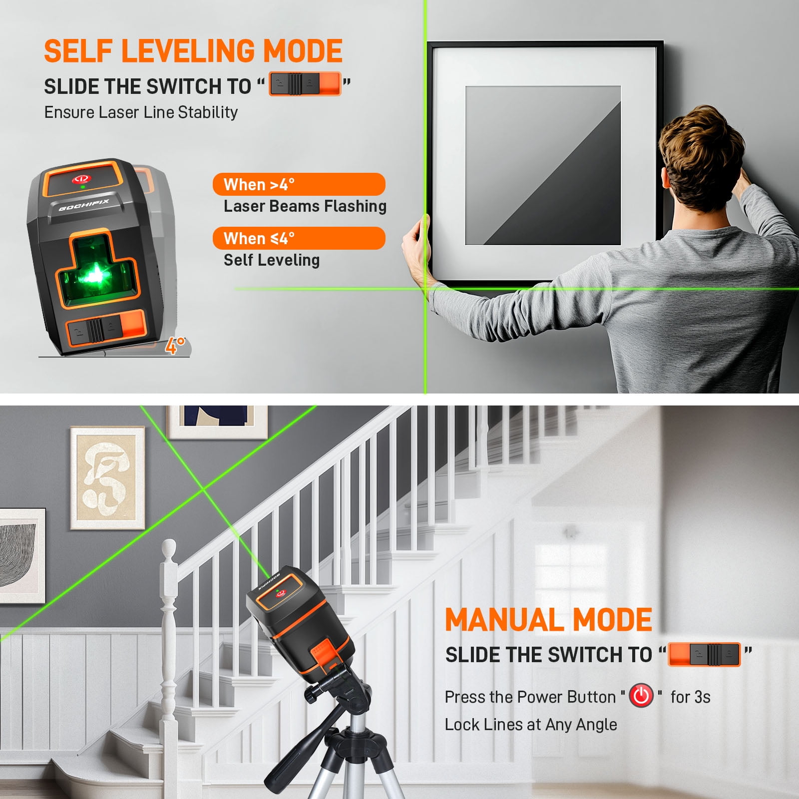 Laser Level, GOCHIFIX 100FT Green Cross Line Laser Level Self Leveling with 360 Degree Rotating Highet Adjustable Tripod,2 AA Batteries and Carry Pouch Included